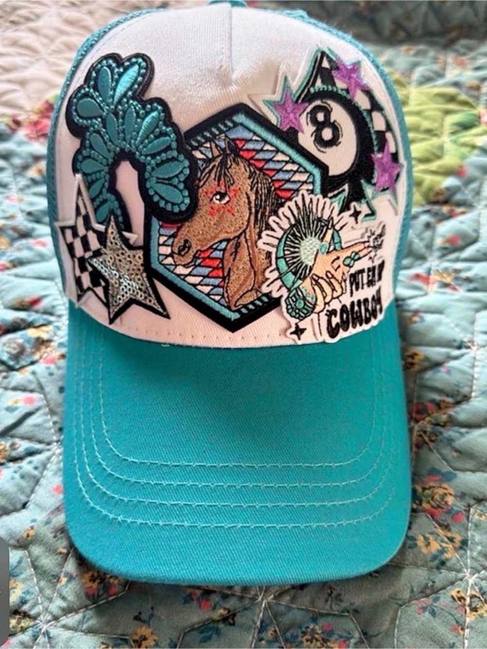 Embroidered Graphic Baseball Cap in Blue & White Like New